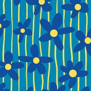 Pop Flowers on Stripes, Blue and Yellow