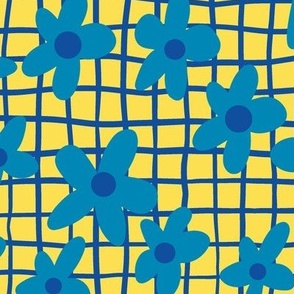 Blue Pop Flowers on Yellow and Blue Windowpane Plaid