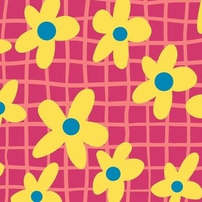 Yellow Pop Flowers on Cherry Red and Salmon Pink Windowpane Plaid