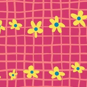 Mini Yellow Pop Flowers on Cherry Red and Salmon Pink Windowpane Plaid