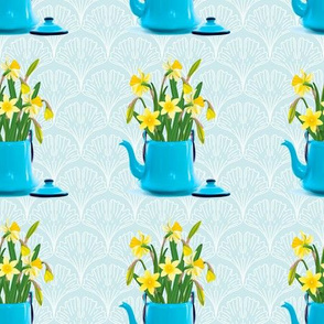 Vintage Tin Kettle With Daffodils On A Ginkgo Background