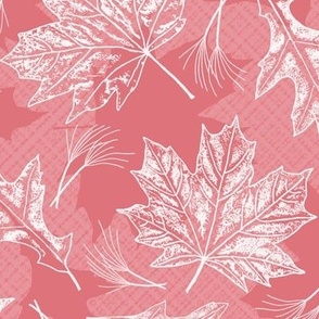 Fall Oak and Maple Leaf Prints in White on Watermelon Coral Texture