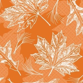 Fall Oak and Maple Leaf Prints and Grasses in White on Carrot Orange Texture