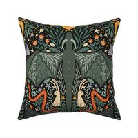 Maximalist Folk Dragons and Enchanted Forest Friends - dark greens multi color - large 