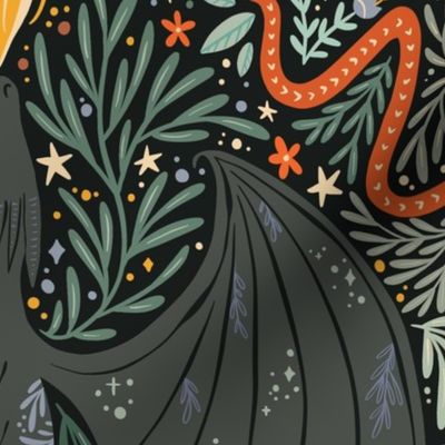 Maximalist Folk Dragons and Enchanted Forest Friends - dark greens multi color - large 