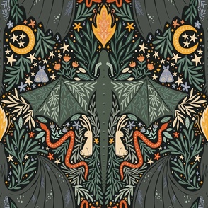 Maximalist Folk Dragons and Enchanted Forest Friends - dark greens multi color - large 