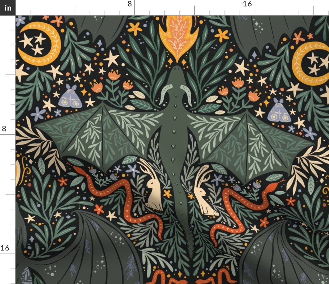 Maximalist Folk Dragons and Enchanted Forest Friends - dark greens multi color - large 