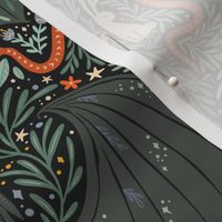 Maximalist Folk Dragons and Enchanted Forest Friends - dark greens  multi color - medium