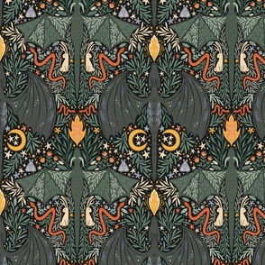 Maximalist Folk Dragons and Enchanted Forest Friends - dark greens  multi color - medium