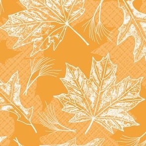 Fall Oak and Maple Leaf Prints in White on Sienna Gold Texture