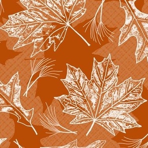 Fall Oak and Maple Leaf Prints in White on Terracotta Texture