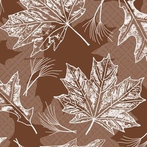 Fall Oak and Maple Leaf Prints in White on Cinnamon Brown Texture