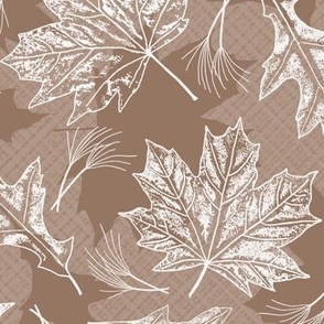 Fall Oak and Maple Leaf Prints in White on Mocha Texture