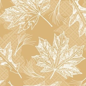 Fall Oak and Maple Leaf Prints in White on Honey Texture