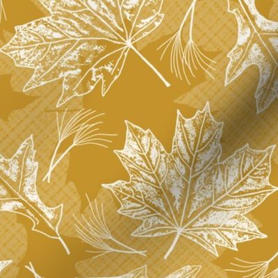 Fall Oak and Maple Leaf Prints in White on Mustard Gold Texture