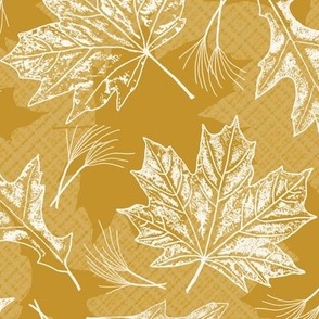 Fall Oak and Maple Leaf Prints in White on Mustard Gold Texture