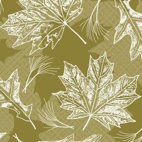 Fall Oak and Maple Leaf Prints in White on Moss Green Texture