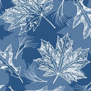 Fall Oak and Maple Leaf Prints in White on Aegean Blue Texture