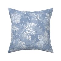 Fall Oak and Maple Leaf Prints in White on Medium Dusty Blue Texture