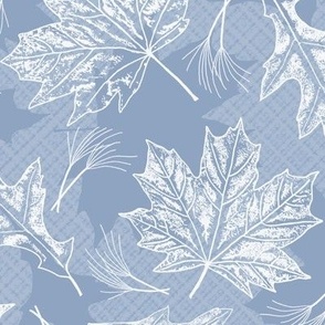 Fall Oak and Maple Leaf Prints in White on Medium Dusty Blue Texture