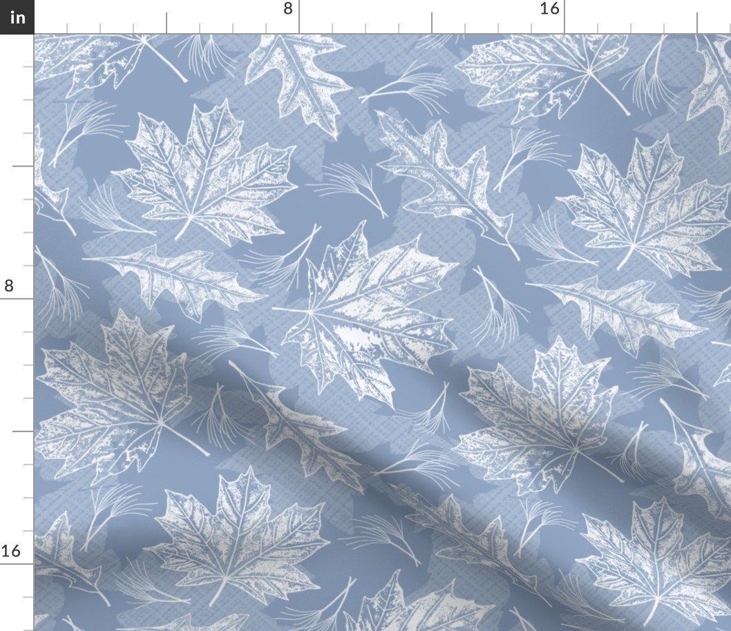 Fall Oak and Maple Leaf Prints in White on Medium Dusty Blue Texture