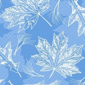 Fall Oak and Maple Leaf Prints in White on Cornflower Blue Texture