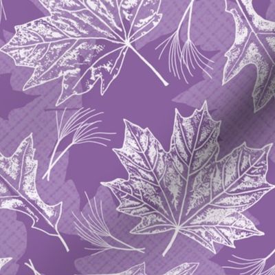 Fall Oak and Maple Leaf Prints in White on Orchid Purple Texture