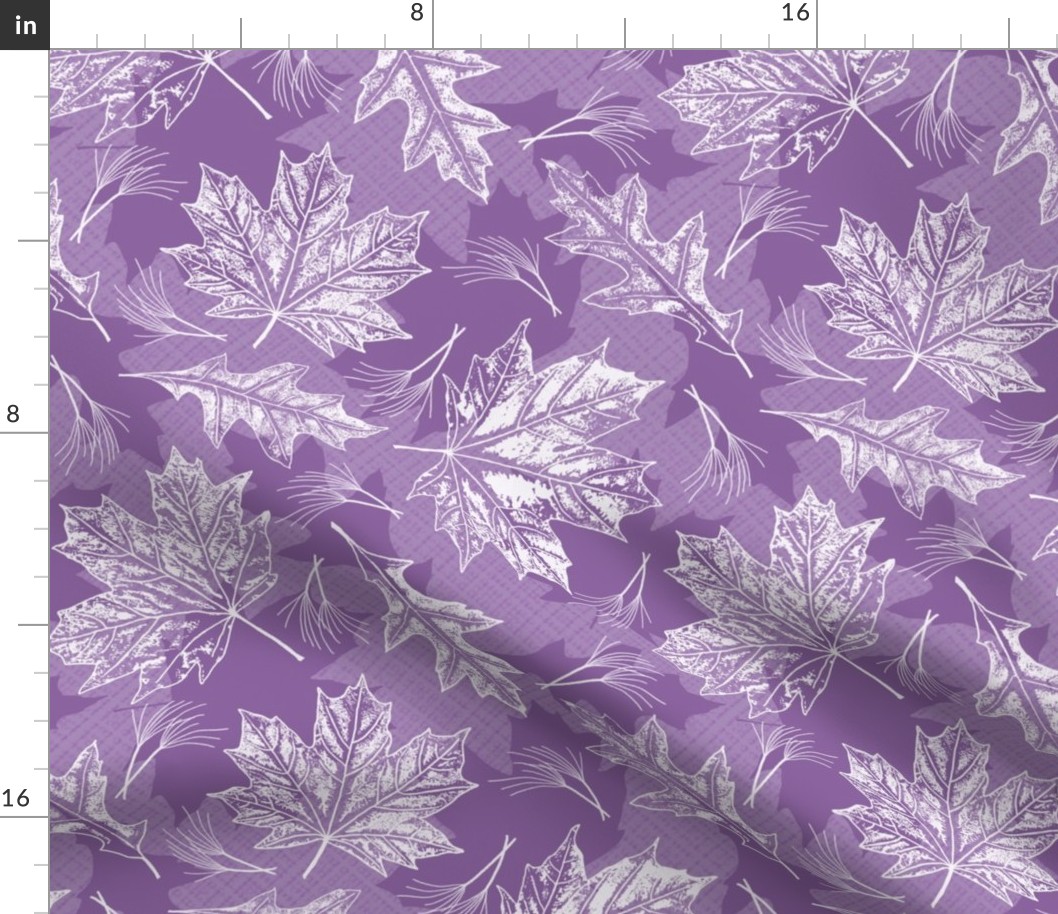 Fall Oak and Maple Leaf Prints in White on Orchid Purple Texture