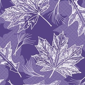 Fall Oak and Maple Leaf Prints in White on Grape Purple Texture
