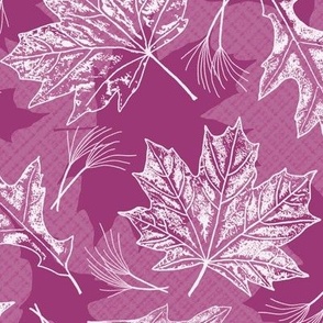 Fall Oak and Maple Leaf Prints in White on Berry Dark Pink Texture