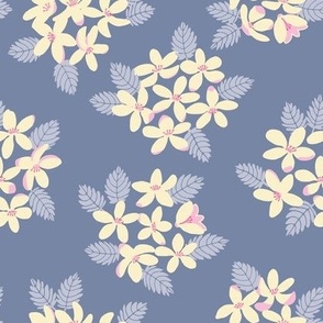 Hand drawn cherry blossom flower bunches Spring floral design in blue and white.