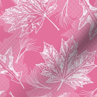 Fall Oak and Maple Leaf Prints in White on Bubblegum Pink Texture