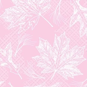 Fall Oak and Maple Leaf Prints in White on Light Bubblegum Pink Texture