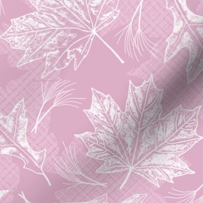 Fall Oak and Maple Leaf Prints in White on Dusty Pink Texture