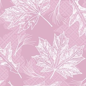 Fall Oak and Maple Leaf Prints in White on Dusty Pink Texture