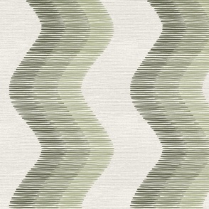 Wavy lines in monochrome olive green on a textured background for wallpaper