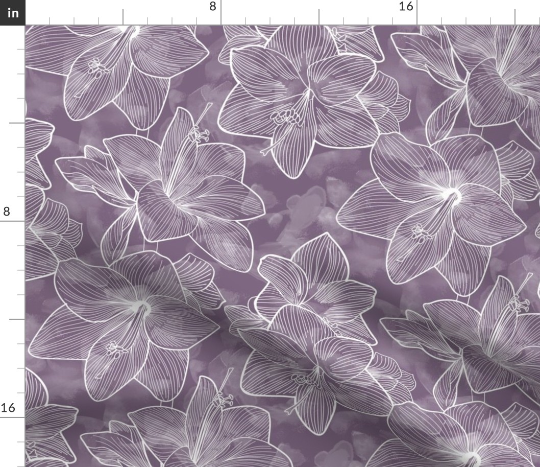 Amaryllis Belladonna Lily Line Drawing, White on Smoke Purple
