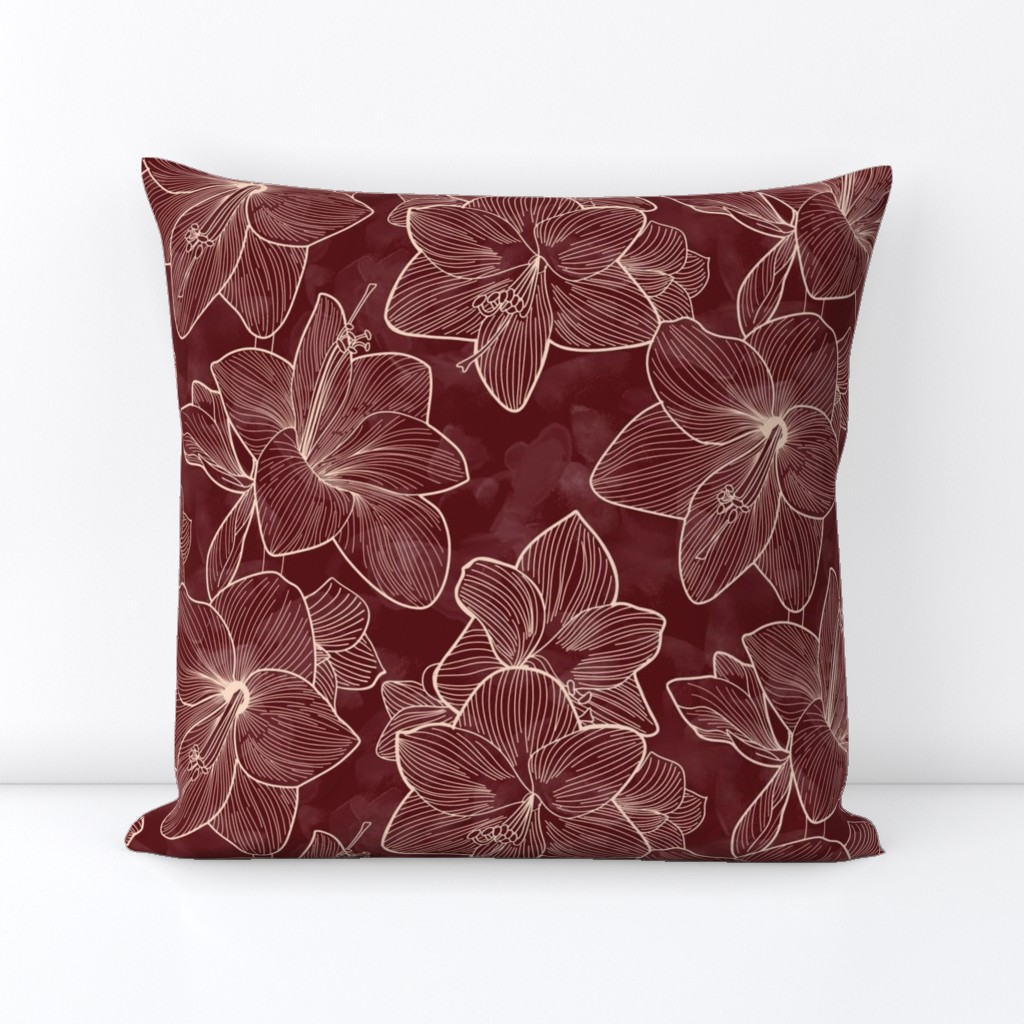 Amaryllis Belladonna Lily Line Drawing, Ivory on Oxblood Red