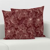 Amaryllis Belladonna Lily Line Drawing, Ivory on Oxblood Red