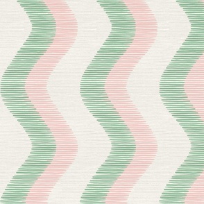 Wavy lines in pink and green on a textured white background for wallpaper