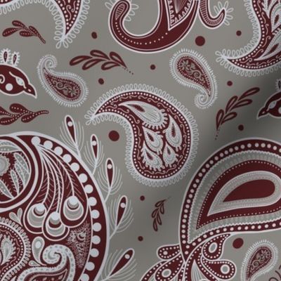 Peacock Paisley, Oxblood Red and Warm Grey