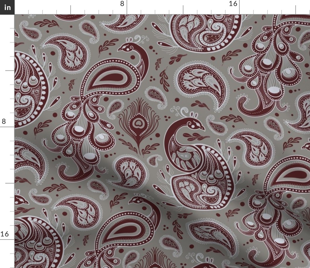 Peacock Paisley, Oxblood Red and Warm Grey