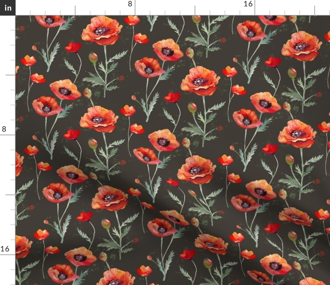 Oriental Red Poppies on Sepia Brown