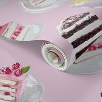 Watercolor Cake Slices on Plates, Pink