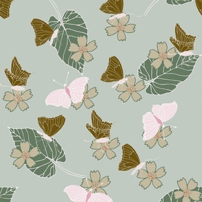October butterflies and flowers - pretty green pink and brown