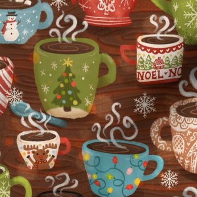 Warm, Cozy Mugs on a Winter Day | Coffee, Hot Cocoa, and Tea | Christmas Hot Drinks in Cups with Peppermint, Christmas Lights, Penguins, Reindeer, Noel, Snowman, Gingerbread, Snowflakes