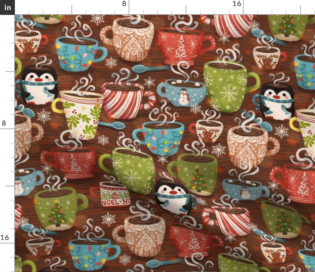 Warm, Cozy Mugs on a Winter Day | Coffee, Hot Cocoa, and Tea | Christmas Hot Drinks in Cups with Peppermint, Christmas Lights, Penguins, Reindeer, Noel, Snowman, Gingerbread, Snowflakes