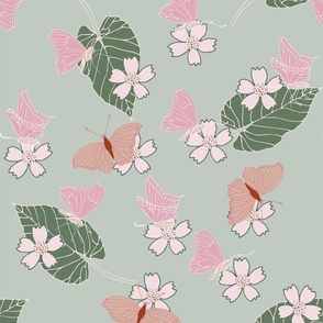 Garden flowers and butterflies in pink green and red