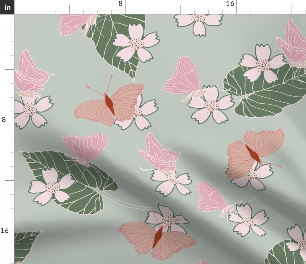 Garden flowers and butterflies in pink green and red