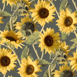 Warm Yellow Sunflowers on Neutral Olive Grey Large Print